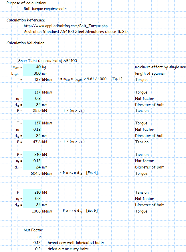 Bolt torque/tension calc